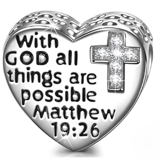 Striebro 925 Náboženské zaklínadlá Matúš 19.26 so zirkónovým krížom, korálik na náramok