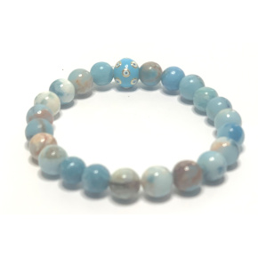 Larimar náramok elastický prírodný kameň, guľa + modré oko 8 mm / 16 - 17 cm, kameň bájnej Atlantídy
