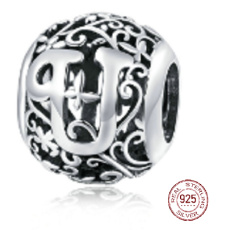 Striebro 925 Magické písmeno abecedy U s kvetmi, korálik na náramok
