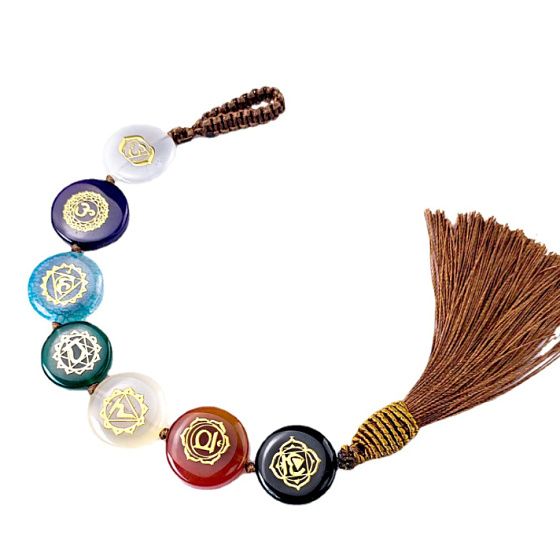 7 čakier FengShui, meditačný amulet, prírodný kameň so strapcom, závesný liečivý 22 cm + strapec 12 cm