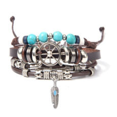 Kožený viacvrstvový náramok, symbol kormidla + pierko, nastaviteľná veľkosť