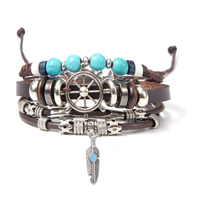 Kožený viacvrstvový náramok, symbol kormidla + pierko, nastaviteľná veľkosť Kožený viacvrstvový náramok, symbol kormidla + pierko, nastaviteľná veľkosť