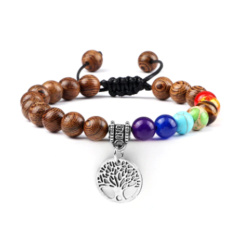 Čakrový náramok Strom života + drevo, ručne pletený, nastaviteľná veľkosť, guľôčka 8 mm