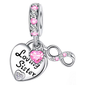 Charm Striebro 925 Sestry navždy dvojité srdce a nekonečno, 3v1 prívesok na náramok láska