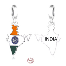 Charm Sterlingové stříbro 925 Indie vlajka - houpající se mapa, přívěsek na náramek cestování Charm Sterlingové stříbro 925 Indie vlajka - houpající se mapa, přívěsek na náramek cestování