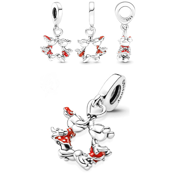 Strieborný 925 šarm Disney Minnie Mouse & Mickey Mouse bozkávanie, náramok prívesok