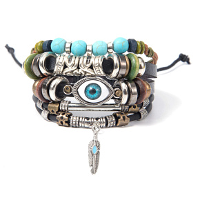 Kožený viacvrstvový náramok, modrý symbol oka, nastaviteľná veľkosť pierka