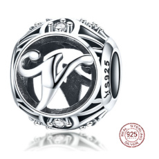 Striebro 925 Magické písmeno abecedy V s kvetmi, korálik na náramok