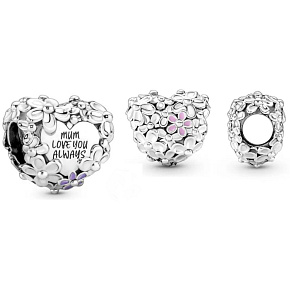 Strieborný 925 prívesok Srdce so sedmokráskami pre mamu, korálik na náramku rodina