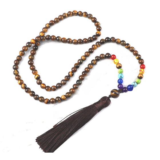 108 Mala 7 čakrový náhrdelník, meditačný šperk Tigrie oko, prírodný kameň, uzlíkový strapec 8 cm, korálik 6 mm