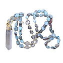108 Mala Larimar náhrdelník meditačné šperky, prírodný kameň surový kryštál, nuget 6 - 9 mm, prívesok 8 - 15 x 45 - 70 mm