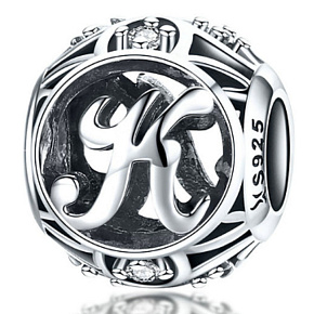 Striebro 925 Magické písmeno abecedy K s kvetmi, korálik na náramok