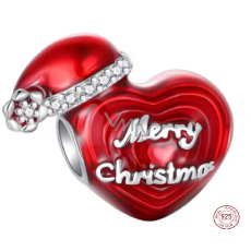 Charm Sterlingové stříbro 925 Vánoční srdce - Merry Christmas s čepičkou, korálek na náramek vánoce