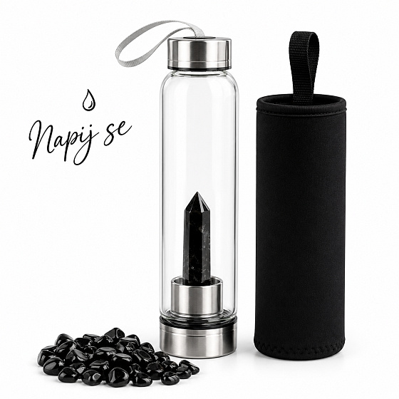 Skleněná krystalová láhev na vodu Napij se ochrany – Přírodní obsidiánová špice | 550 ml