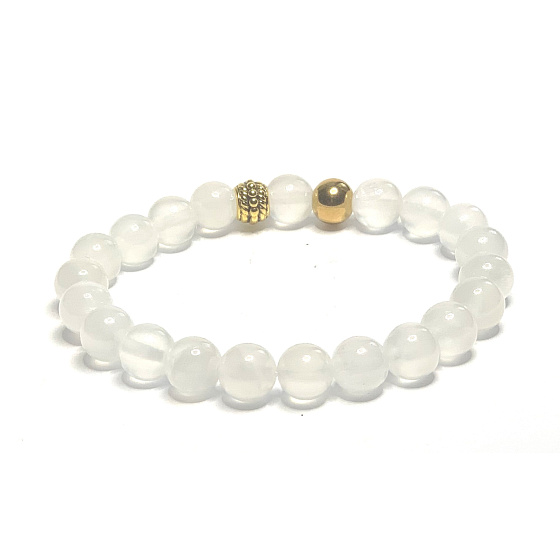 Selenit/Alabaster náramok elastický prírodný kameň, guľôčka 8 mm / 16 - 17 cm, anjelská energia