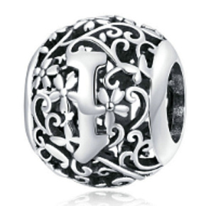 Striebro 925 Magické písmeno abecedy I s kvetmi, korálik na náramok