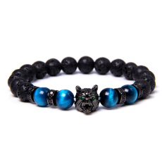 Láva + Tigrie oko svetlomodré + Vlčia hlava náramok elastický prírodný kameň, guľôčka 8 mm / 21 cm