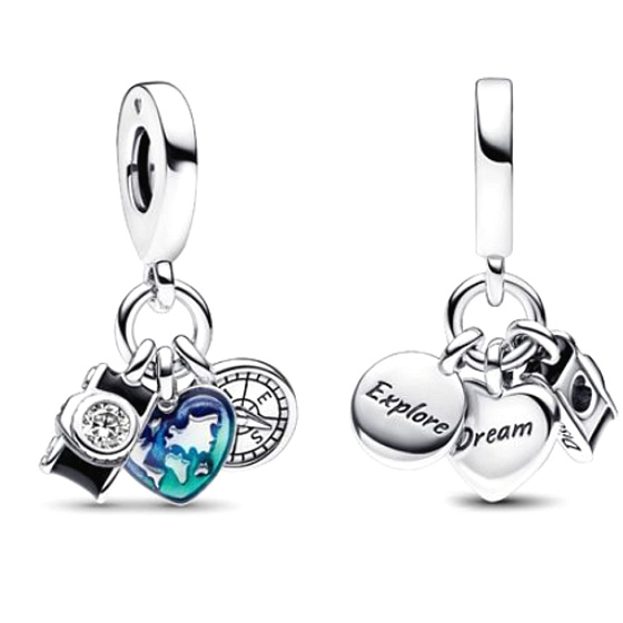 Charm Mapa sveta v srdci, kompas, fotoaparát 3v1, cestovný náramok
