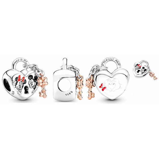 Strieborný 925 šarm Disney Minnie Mouse & Mickey Mouse Padlock - večná láska, náramok korálek, láska