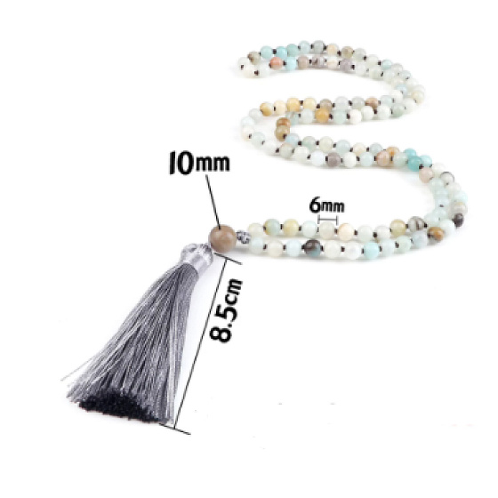 108 Mala Amazonit náhrdelník, meditačné šperky, prírodný kameň, sivý strapec 8,5 cm, korálik 6 mm