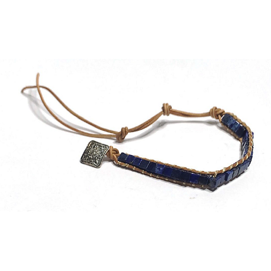 Kožený náramok z prírodného kameňa Lapis Lazuli, ručne vyrobený, zapínanie, štvorcový 4 x 4 mm / 14 + 6,5 mm, kameň harmónie