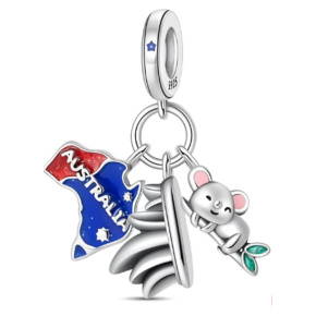 Charm Sterlingové stříbro 925 Austrálie Sydney, opera, koala, vlajka - svoboda na konci světa, 3v1 přívěsek na náramek cestování
