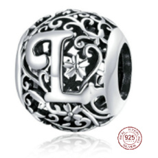 Striebro 925 Magické písmeno abecedy L s kvetmi, korálik na náramok