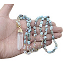 108 Mala Larimar náhrdelník meditačné šperky, prírodný kameň surový kryštál, nuget 6 - 9 mm, prívesok 8 - 15 x 45 - 70 mm