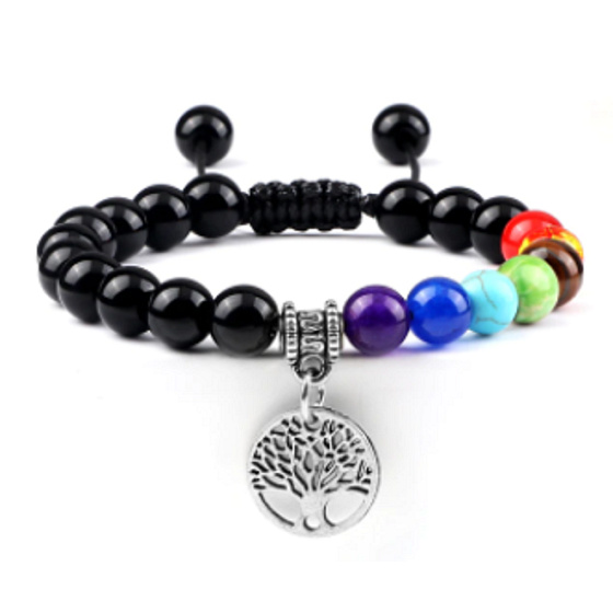 Čakrový náramok Strom života + Obsidián, prírodný kameň, ručne pletený, nastaviteľná veľkosť, 8 mm guľôčka, záchranný kameň