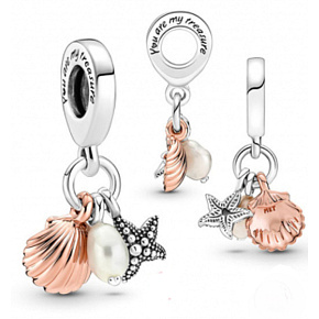 Charm Striebro 925 Morská hviezdica, Mušľa, sladkovodná perla, 3v1 prívesok na náramok, more