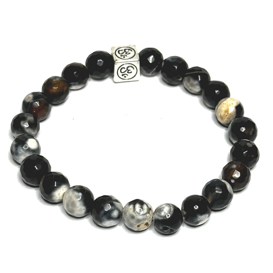 Achát čiernobiela čipka s kráľovskou mantrou Ohm náramok elastický prírodný kameň, guľôčka 8 mm / 16-17 cm, prináša úspech do života