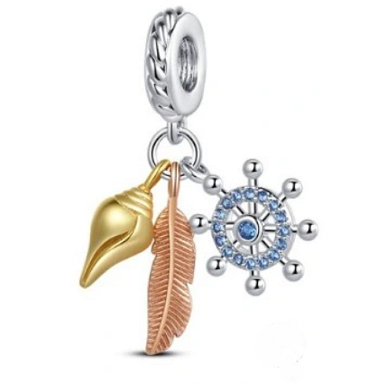Charm Striebro 925 Ochranný amulet, kotva, pierko, mušľa 3v1, prívesok na náramok more
