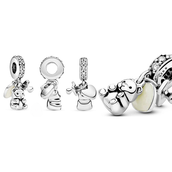 Šarm Sterling Silver 925 Plyšový medvedík 3v1, náramok prívesok Rodina