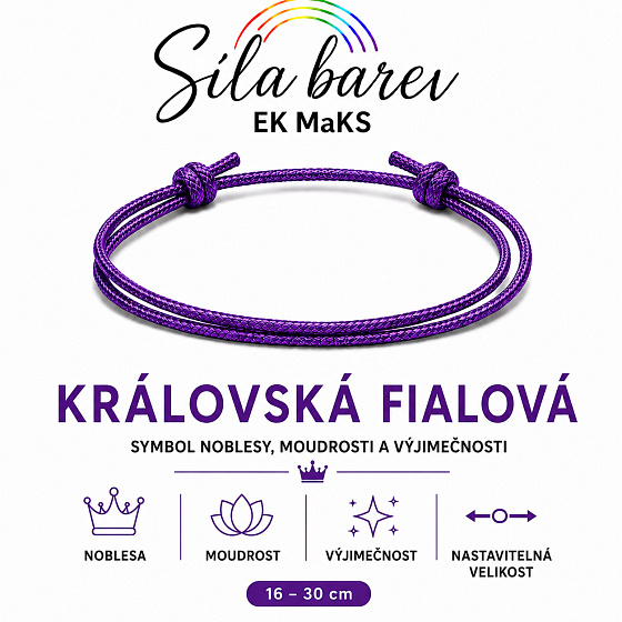 Šňůrkový náramek Síla barev – Královská fialová | Symbol noblesy, moudrosti a výjimečnosti | nastavitelný 16 - 30 cm