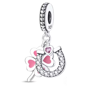 Charm Striebro 925 Štvorlístok pre šťastie, podkova, srdce, 3v1 prívesok na náramok šťastia