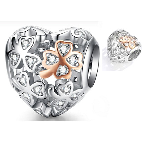 Prívesok zo striebra 925 Milovaný štvorlístok pre šťastie, korálkové srdce na náramku z lásky
