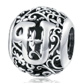 Striebro 925 Magické písmeno abecedy U s kvetmi, korálik na náramok