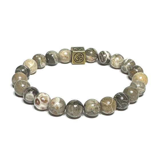 Celestín, chryzantéma s kráľovskou mantrou Ohm náramok elastický prírodný kameň, guľôčka 8 mm / 16 - 17 cm