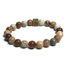 Koralová skamenelina s kráľovskou mantrou náramok elastický prírodný, guľôčka 8 mm / 16 - 17 cm