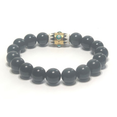 Obsidián + modré oko Náramok z elastického prírodného kameňa, guľa 10 mm / 16-17 cm, záchranný kameň