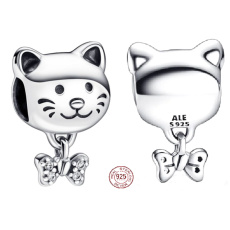 Prívesok Striebro 925 Mačka a mašľa, korálik na náramku zvieratko