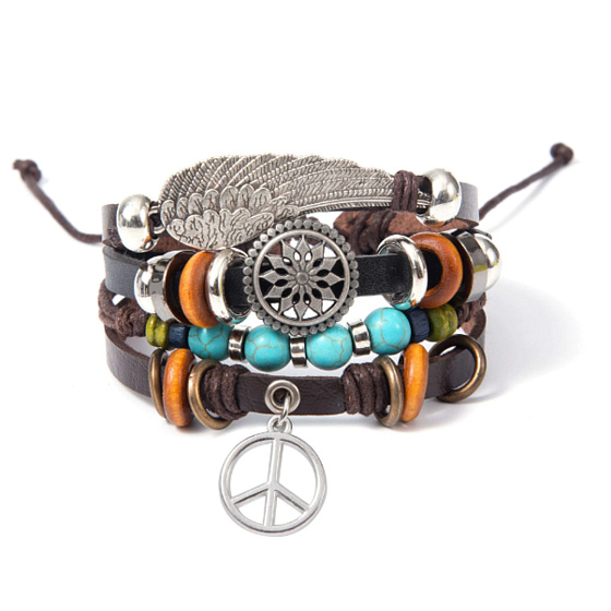 Kožený viacvrstvový náramok, anjelské krídlo + symbol Hippies, nastaviteľná veľkosť