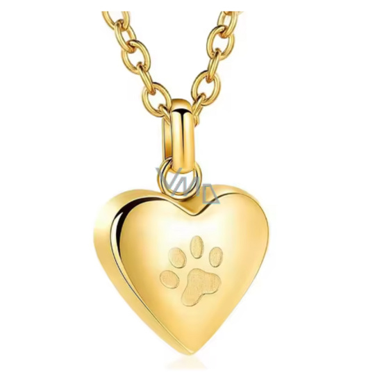 Pamětní, pietní urnový přívěsek, Srdce lesklé zlaté tlapka, voděodolné, nerezová ocel 19 x 18 mm + řetízek 55 cm