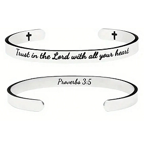 Nerezová oceľ náramok strieborný s gravírovaním Ver v Boha..., otvorená manžeta, 6 mm