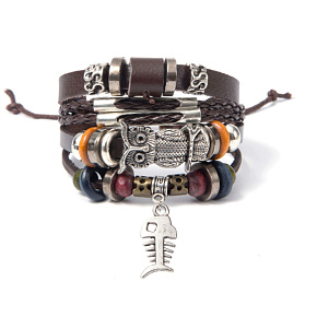 Kožený viacvrstvový náramok, symbol sovy + ryby, nastaviteľná veľkosť