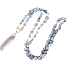 108 Mala Larimar náhrdelník meditačné šperky, prírodný kameň surový kryštál, nuget 6 - 9 mm, prívesok 8 - 15 x 45 - 70 mm