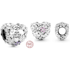 Strieborný 925 prívesok Srdce so sedmokráskami pre mamu, korálik na náramku rodina