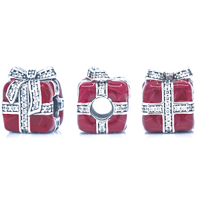 Charm Striebro 925 Darček červený - prekvapenie s mašľou, korálka na náramok Vianoce