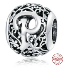 Striebro 925 Magické písmeno abecedy P s kvetmi, korálik na náramok