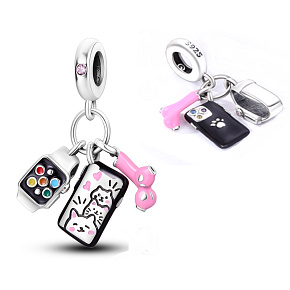 Prívesok zo striebra 925 Telefón, slúchadlá a inteligentné hodinky 3v1, prívesok na náramku